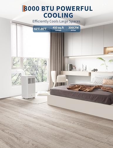 8000 BTU Portable Air Conditioner, Quiet 3-in-1 Cooling Unit for Rooms Up to 250 Sq.Ft, Includes Dehumidifier & Fan Modes, Remote Control, Sleep Mode – Perfect for Bedrooms & Apartments
