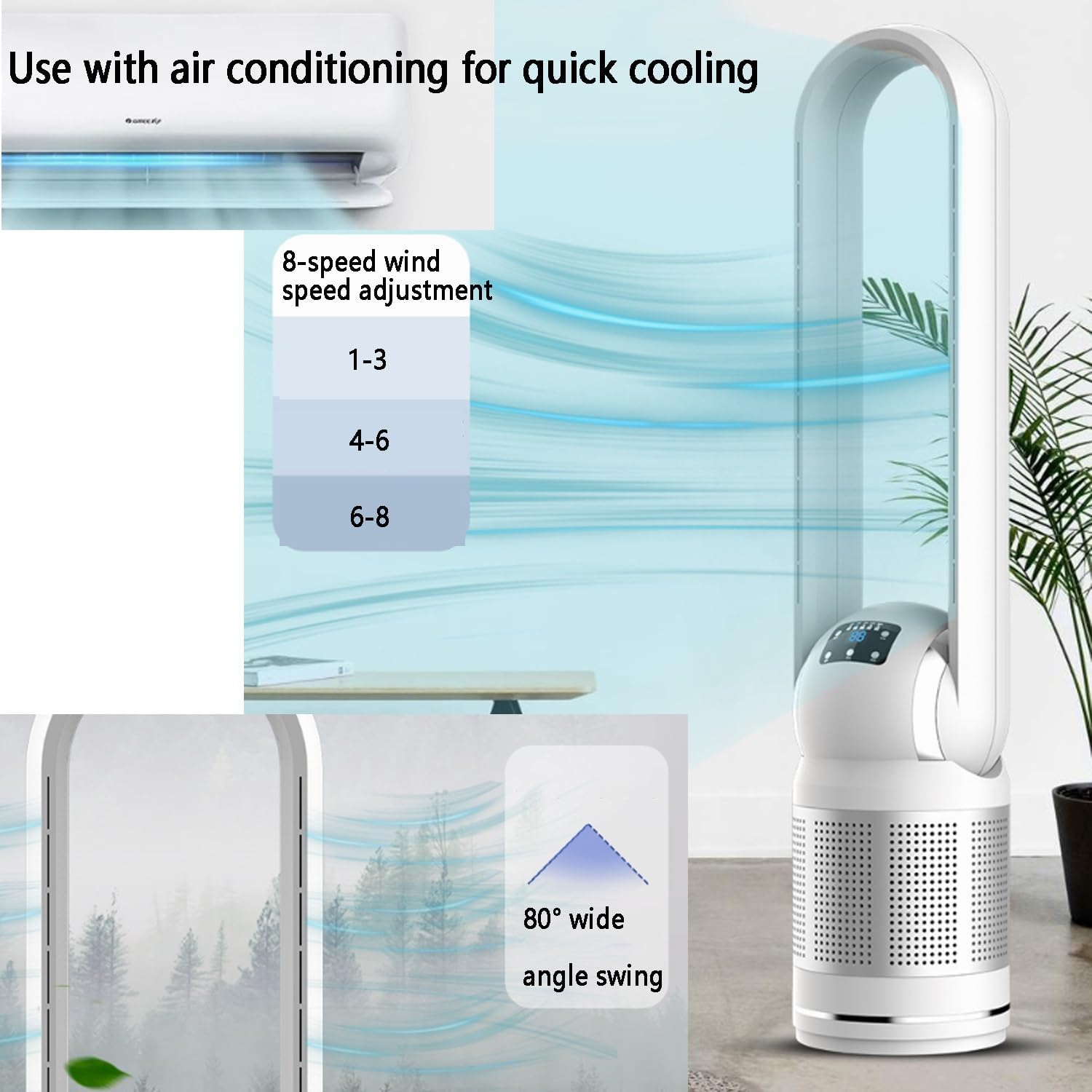 Bladeless Fan Floor Fan Home Table Fan Tower Fan Pedestal Fan Air Circulation Fan; with Remote Control + Can Be Timed; Can Be Used All Year Round (Cooling Fan)(Gold)