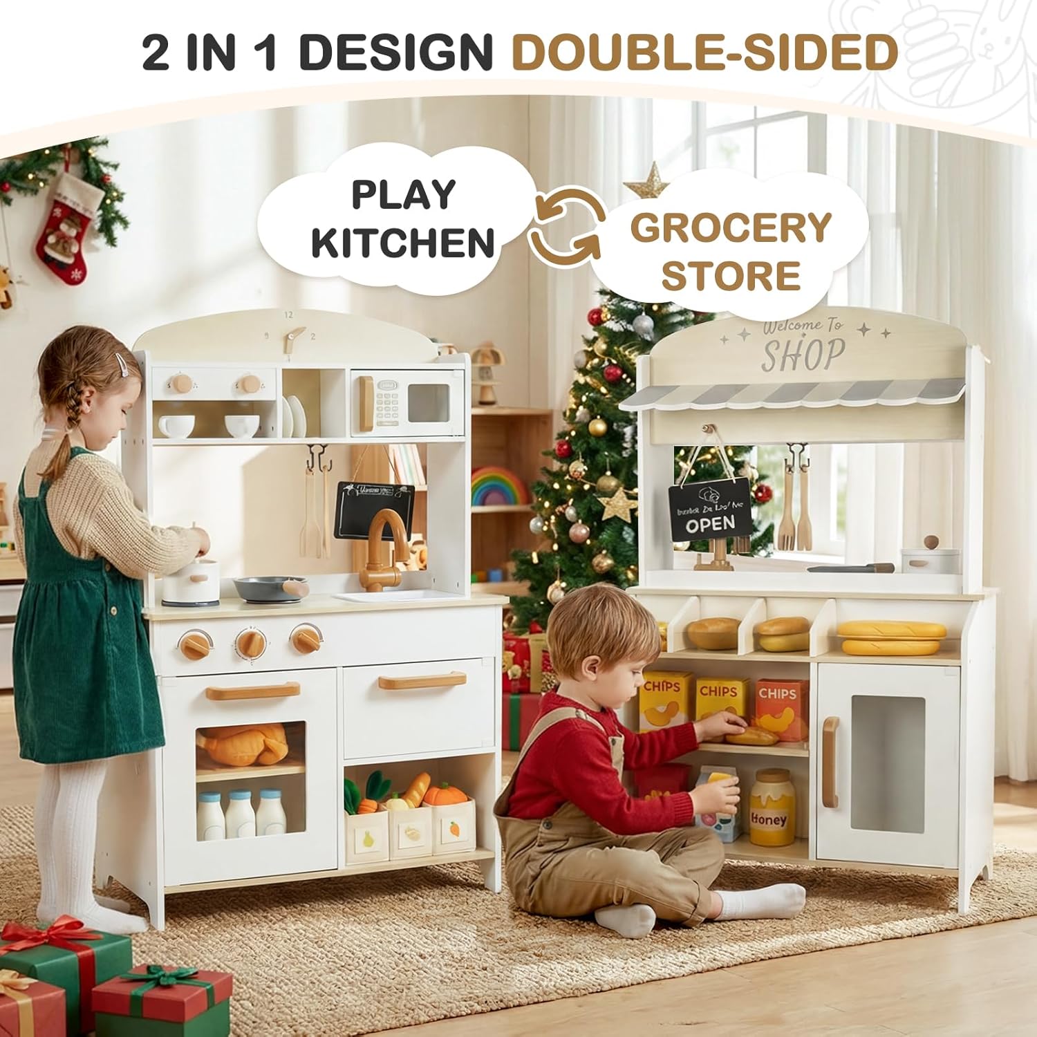 Dual-Sided Play Kitchen for Kids Toddlers, 2-in-1 Grocery Store&Wooden Toy Kitchen Set with Coffee Machine,Pretend Kitchen Play Set with Microwave, Oven, Gift for Boys Girls