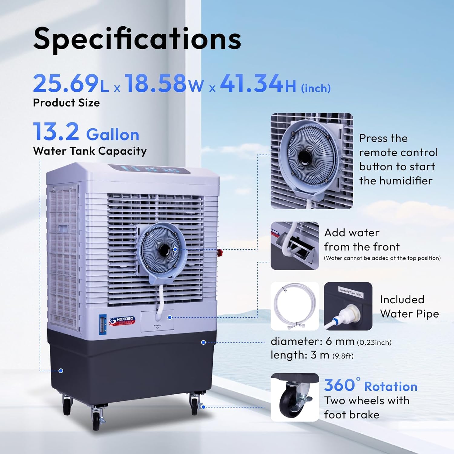 Hexago 5000 CFM Evaporative Air Cooler with Mist, 3-Speed Swamp Cooler, Remote & 15H Timer, 13.2 Gal Tank, Water Shortage Alert, 9FT Cord, ETL Listed for Indoor/Outdoor, Patio & Garage