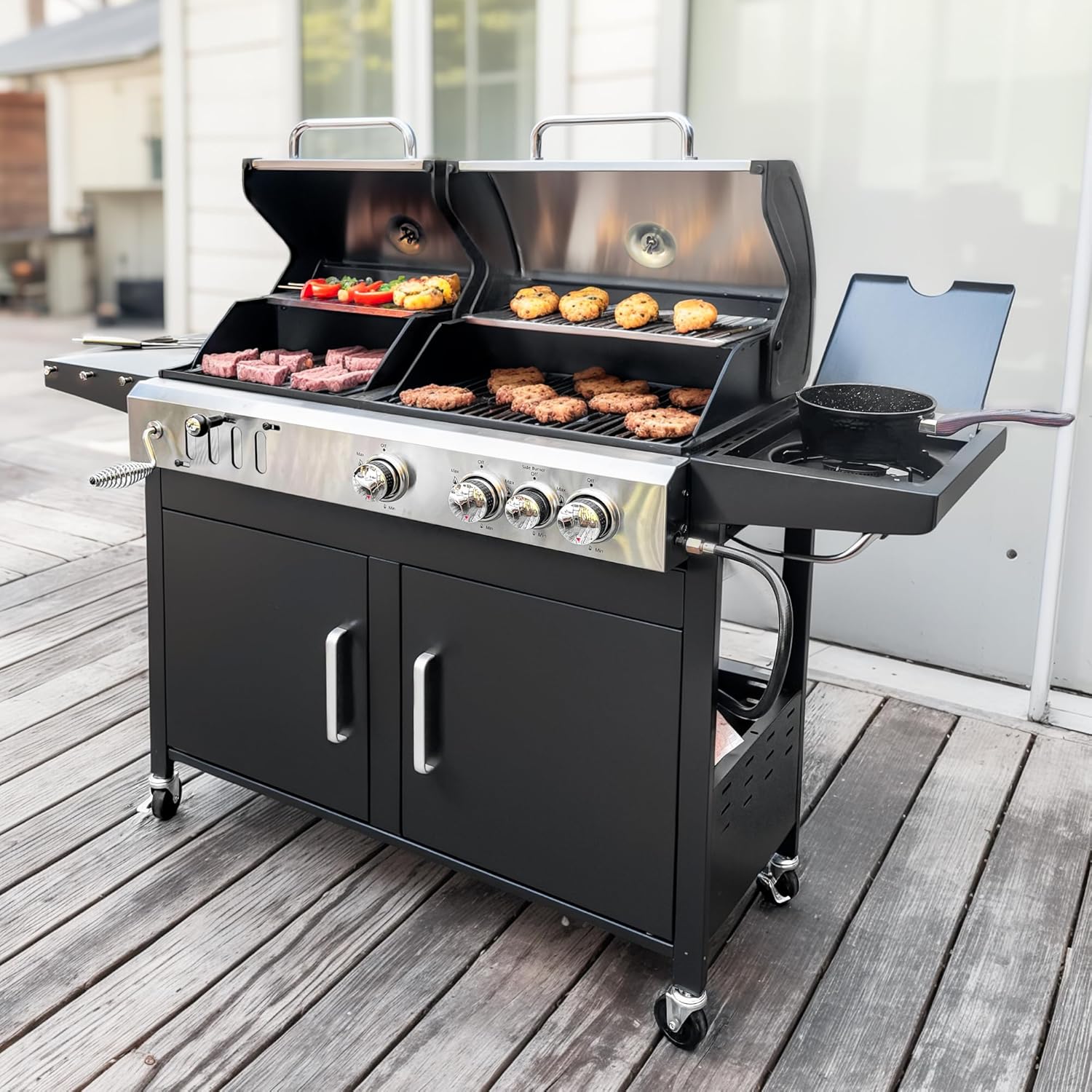 MFSTUDIO 3 In 1 Propane and Charcoal Grill Combo with Side Burner, Porcelain-Enameled Cast Iron Grates, Extra Large Dual Fuel BBQ Gas Grills for Outdoor and Patio Barbecue Cooking