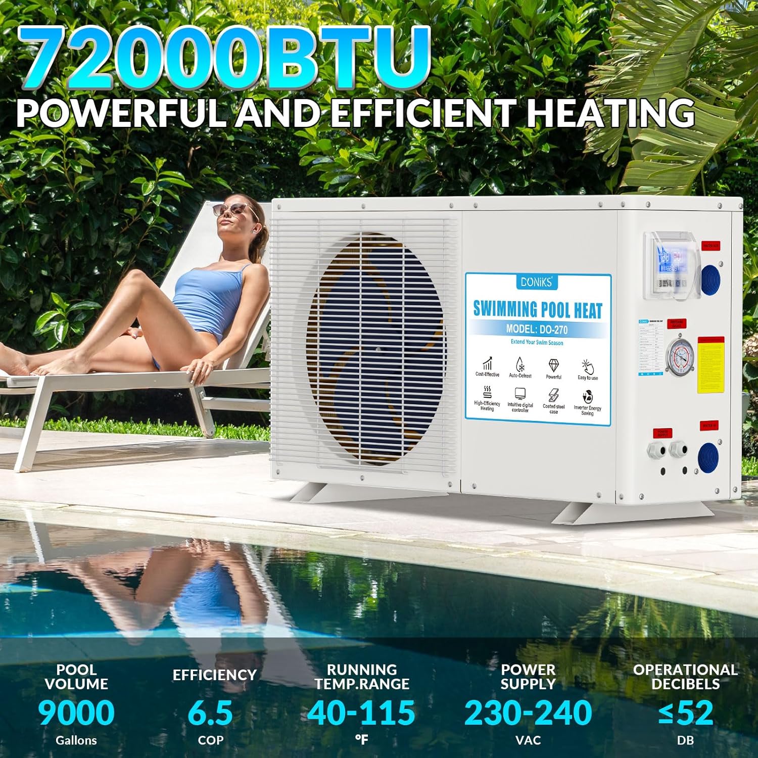 72000 BTU Pool Heater, for 9000 Gallons Inground Ground Pools,Swimming Pool Heaters,230V~240V with Digital Display Multi-Protectionle Timer, Heating and Cooling Pool Heater