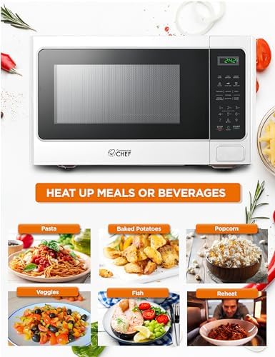 COMMERCIAL CHEF Microwave 1.3 Cu Ft with 10 Power Levels, Microwave with Push Button Door Lock, 1000W Countertop Microwave with Timer and Digital Controls, White