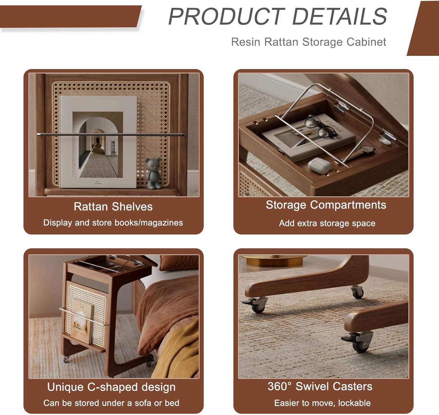 Mobile Robot Vacuum Storage Cabinet Side Table Resin Rattan Storage Cabinet C-Shaped End Tables, for Living Room Dining Room Kitchen Home Office(Yellow,48cm/18.9in)