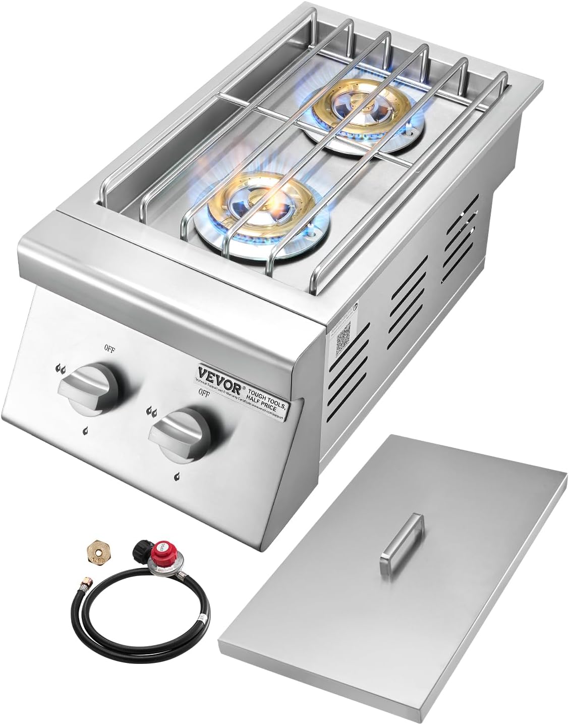 VEVOR Double Grilling Side Burners, 2 x 15,000BTU Liquid Propane Side Burner for Outdoor Kitchen, Convertible to Natural Gas, 304 Stainless Steel Built-in Double Grill Burners for BBQ Grill Island