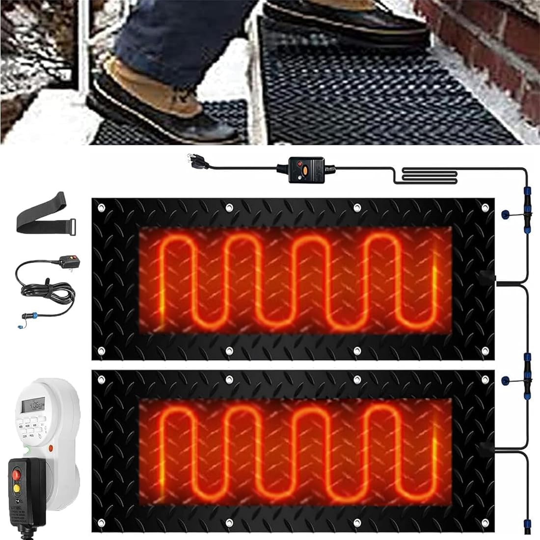 Heated Snow Melting Mats with Timer for Entrances-3/4 Pcs,Heated Snow Melting Mats for Stairs,Heated Outdoor Mats,Now Winter Removal,No-Slip Stair Heating with Time(2 Pcs-10in x 35.4in (25.4x90 cm))