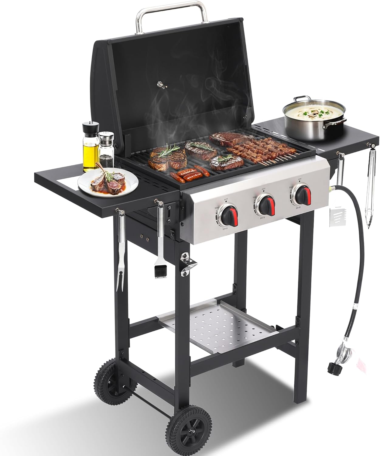 3-Burner Propane Gas Grill with Cast Iron Grate - 30000 BTU Output & Easy-Clean Grease Management for Perfect BBQs (3-Burner)