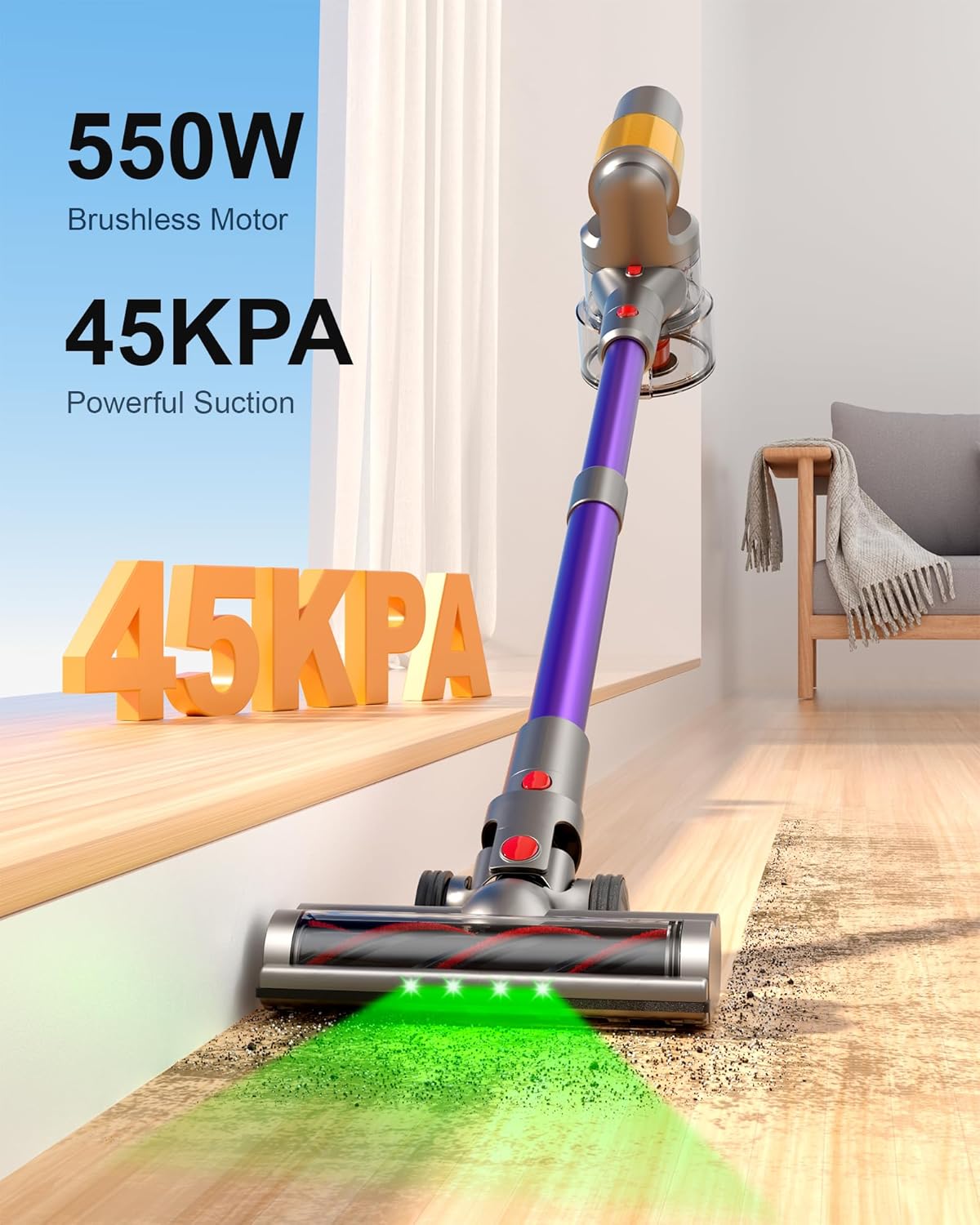 Cordless Vacuum Cleaner, 2 Batteries 120 Mins Runtime, 600W 50KPA Stick Vacuum with Self-Standing, Tangle-Free Brush, LED Display, Vacuum Cleaner for Home Hardwood Floor, Carpet, Pet Hair