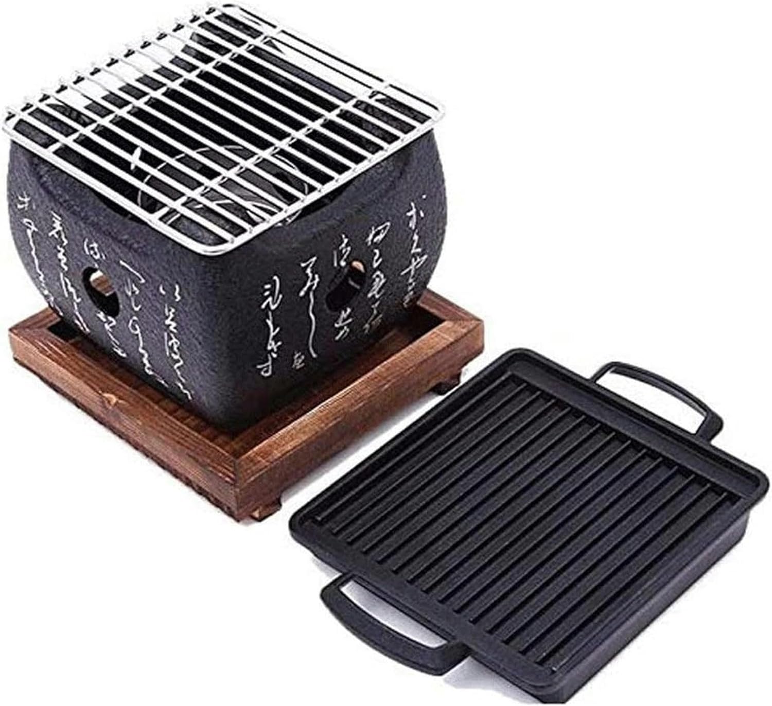 Outdoor Barbecue Family Party Mini Japanese Grill Charcoal Table-top Charcoal Grill,with Wire Mesh Grill and Wooden Base 15x15x13cm