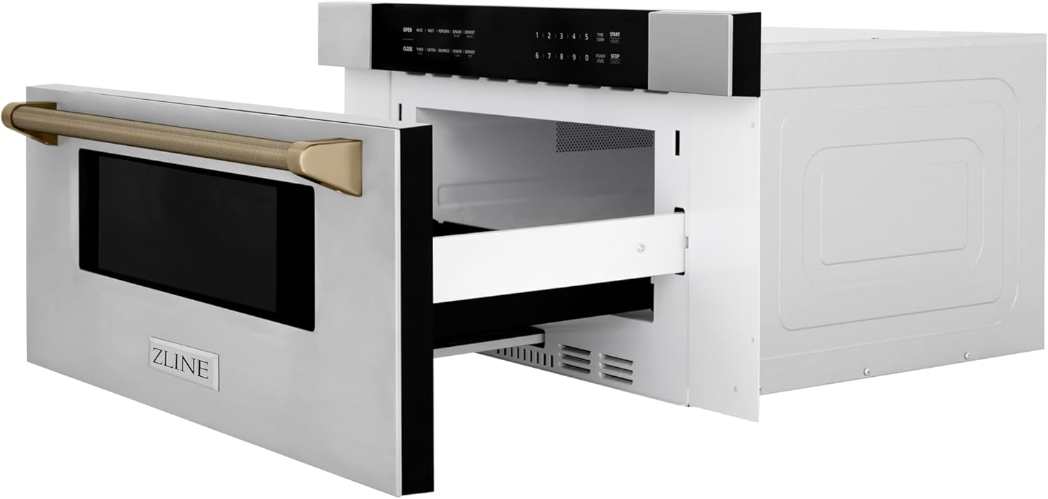 ZLINE Autograph Edition 30 in. 1.2 cu. ft. Built-in Microwave Drawer in Stainless Steel and Champagne Bronze Helix Handle (MWDZ-30-KCB)