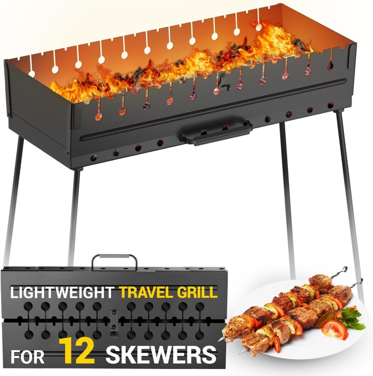 Charcoal Grill for 12 Skewers - Portable BBQ Mangal - Foldable Metal Grill for Shashlik, Kebab, Picnic, Outdoor Cooking (Skewers Not Included)