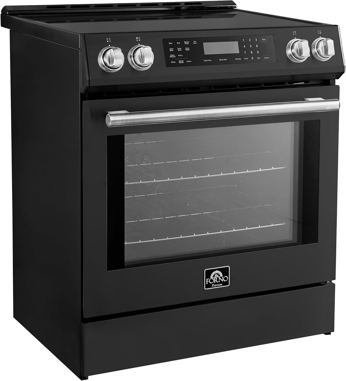 Forno Donatello 30-Inch Freestanding Induction Range, 5.0 cu.ft. Capacity – Stainless Steel with Antique Brass & Stainless Handle – LED Screen, 4 Radiant Elements, Convection Oven – Model FFRBI6468-30