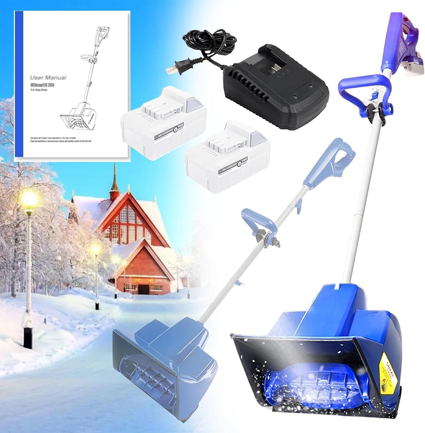 Electric Snow Shovel Cordless 11inch Wide, Snow Blower Battery Powered, 24V 4.0Ah Battery Snow Shovel, Snow Thrower for School,2 Battery