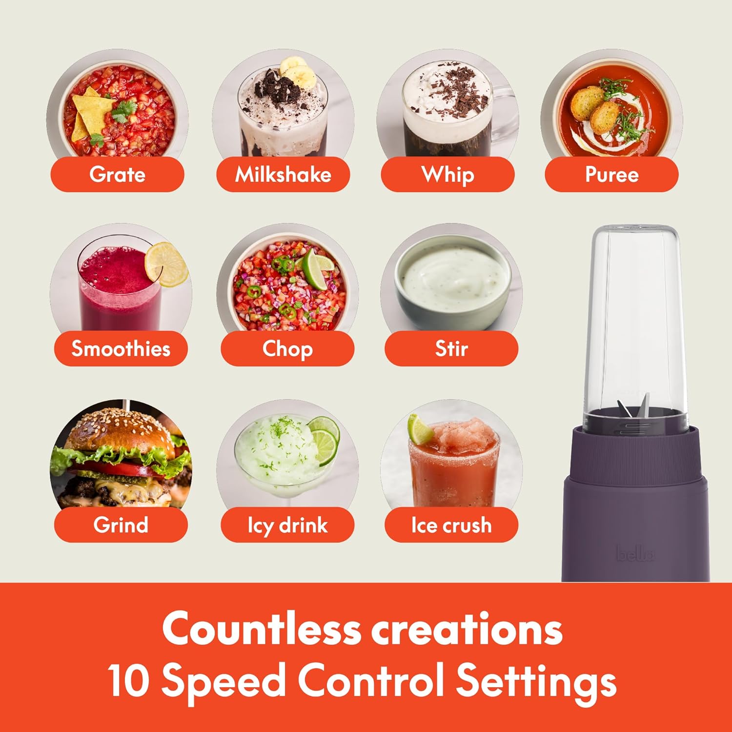 bella 6 Pcs Portable Rocket Blender, Juicer & Smoothie Maker, Press & Twist Design, EverGood™ & BPA Free Dishwasher Safe Parts, 4 Tip Stainless Steel Blade, Cord Wrap, 240 Watt Motor, Plum