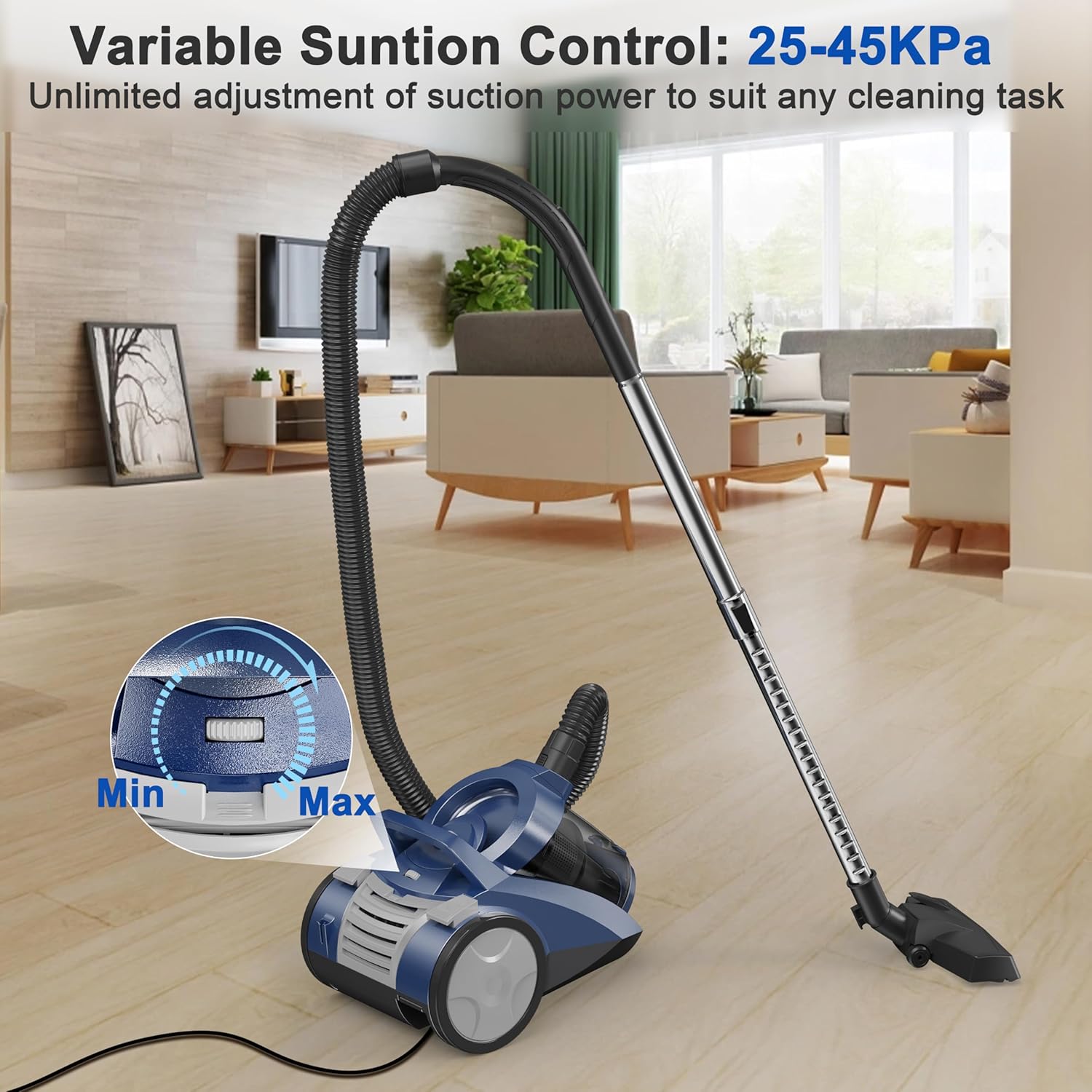 Canister Vacuum Cleaner 45KPa Power Bagless Canister Vacuums for Home with 5 Tools 4.5QT Dust Cup Double HEPA Filter Lightweight Multi-Surface Vacuum Cleaners for Carpet Hard Floor Pet Hair