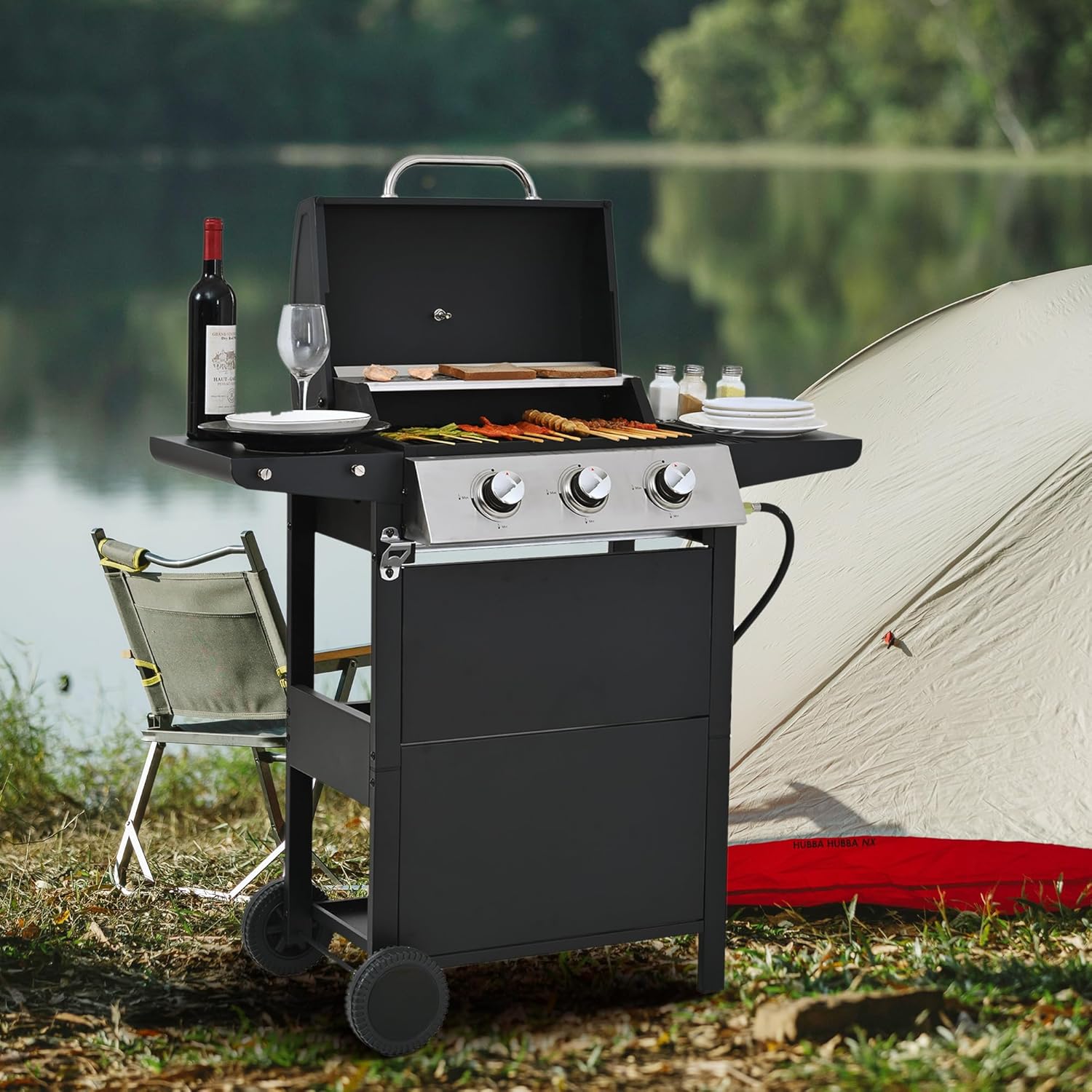 3 Burner Propane Gas Grill, 26,000 BTU Stainless Steel BBQ Grill for Patio Garden Use with 2 Shelves, Wheels, Lid & Bottle Opener, Electronic Ignition