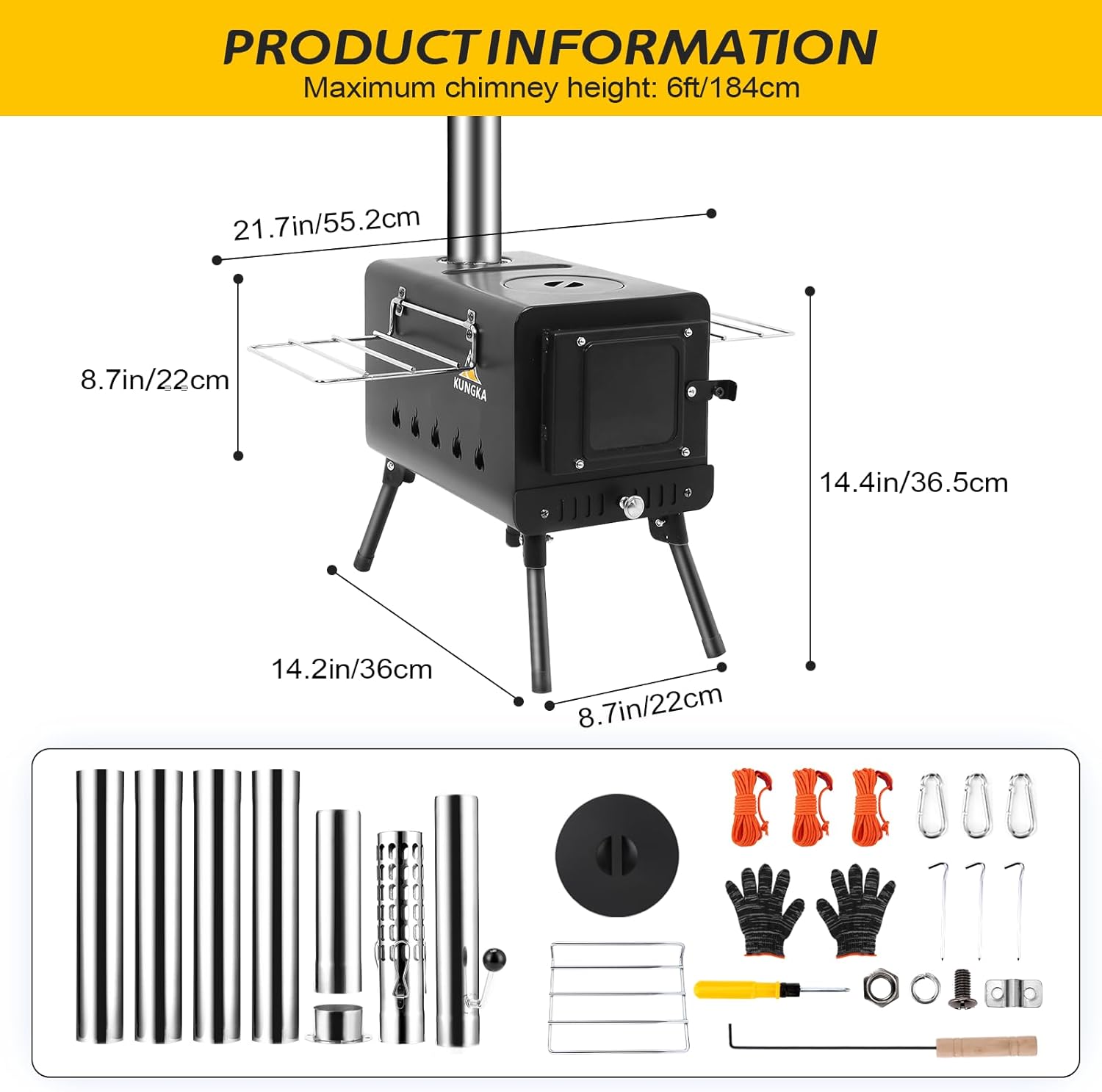 Black Wood Burning Tent Stove, 7 Section Stainless Steel Chimney, Portable Hot Tent Stove for Camping, Hunting, Ice Fishing