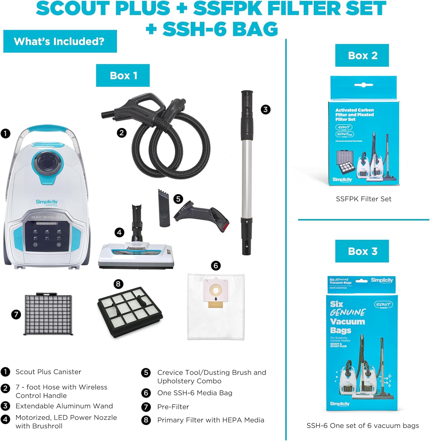 Simplicity Vacuums Scout Plus Vacuum Cleaner Bundle with Filter and Bags, Bagged Vacuum Cleaner with Digital Suction Control and Turbo Nozzle, Replacement Vacuum Filter Set and Bags