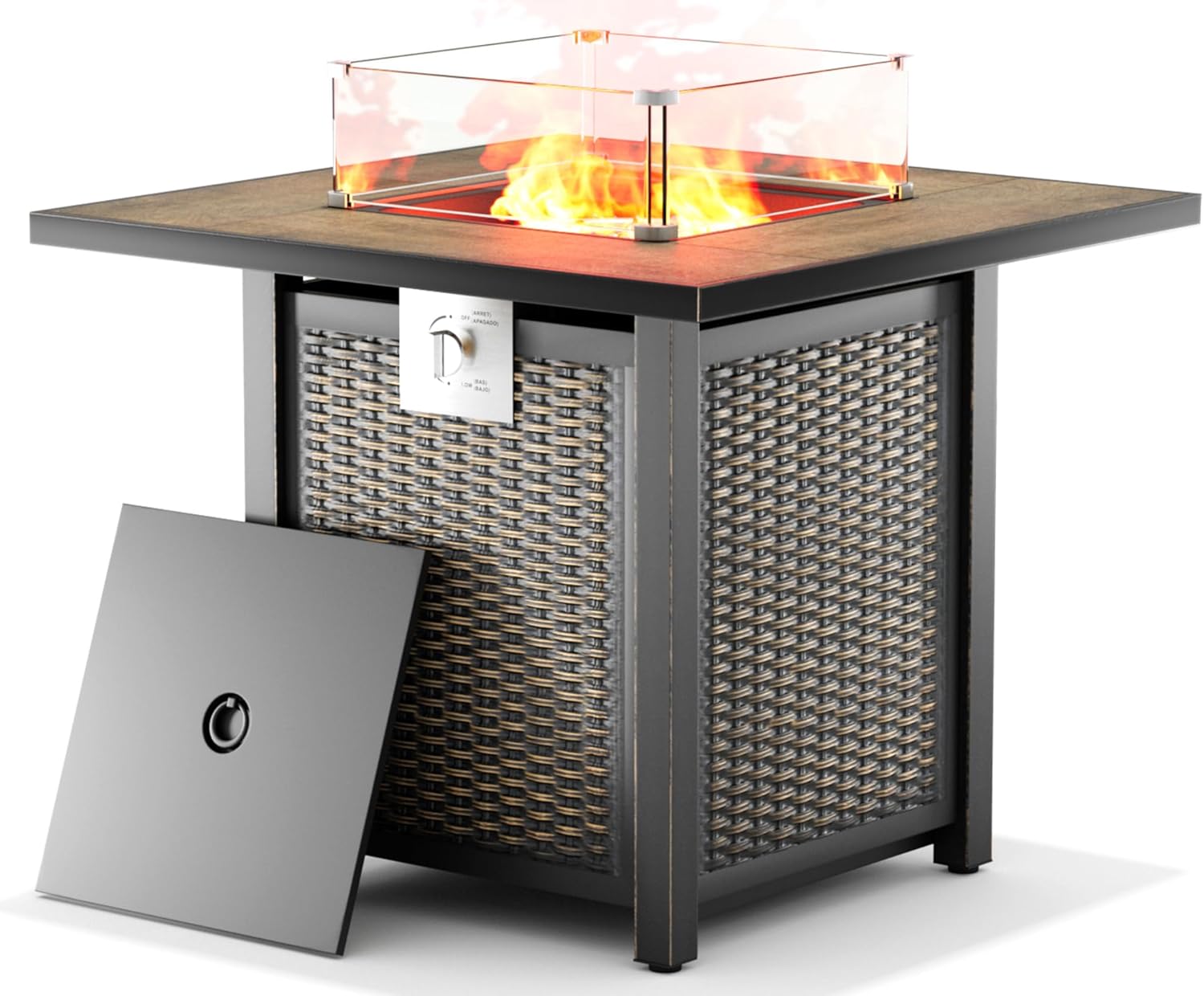 30 Inch Square Outdoor Fire Pit Table with 50,000 BTU Output, Premium Gas Fire Pit Tables for Outside Patio, Propane Fire Pit with Windshield, Glass Stones, Waterproof Cover (Gold Black, 30 inch)