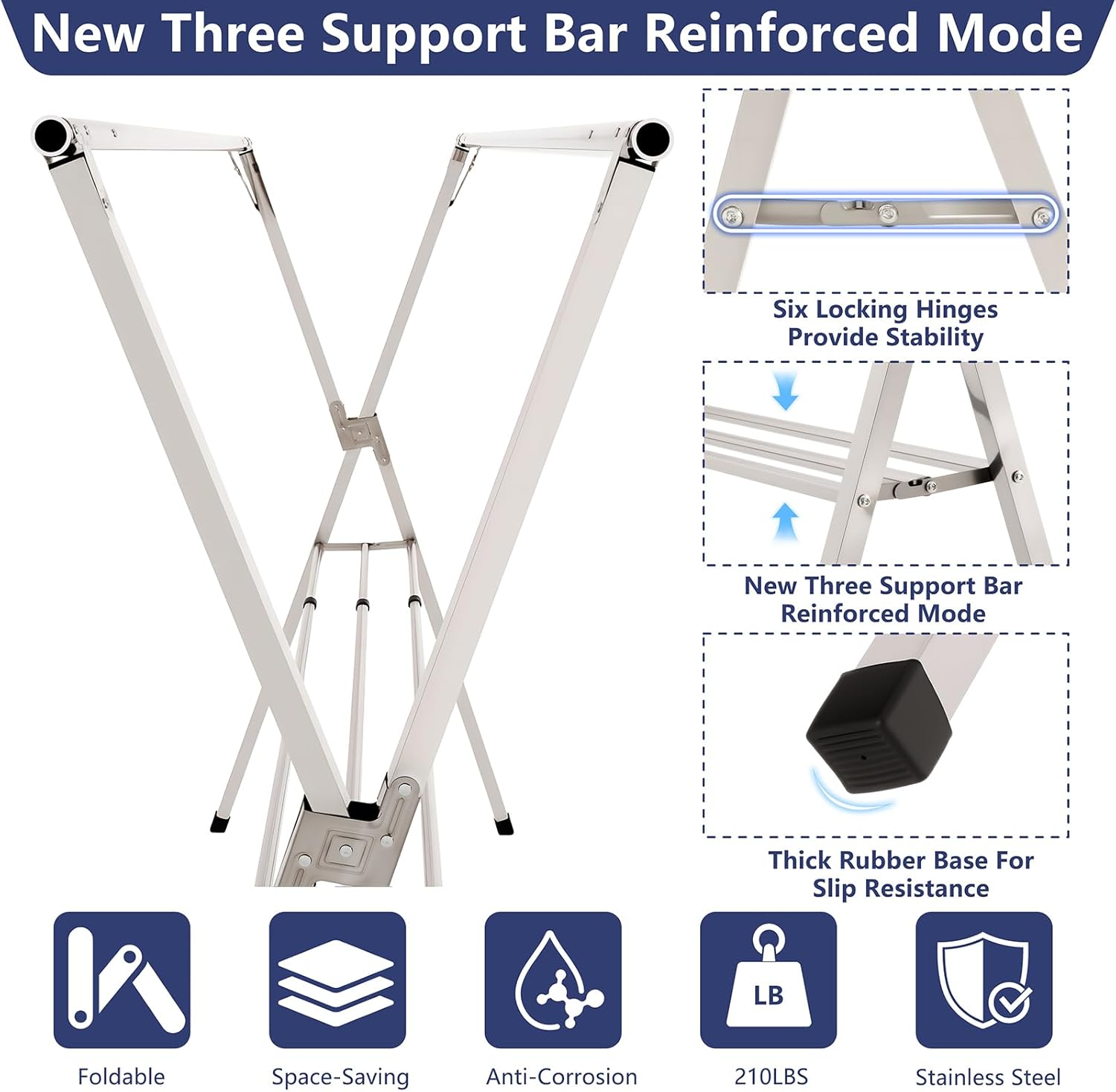 79 inches Foldable Clothes Drying Rack, Heavy Duty Stainless Steel Laundry Drying Rack for Indoor Outdoor, Clothes Rack Adjustable Length. 3 Additional Reinforcement Bars with 20 Windproof Hooks