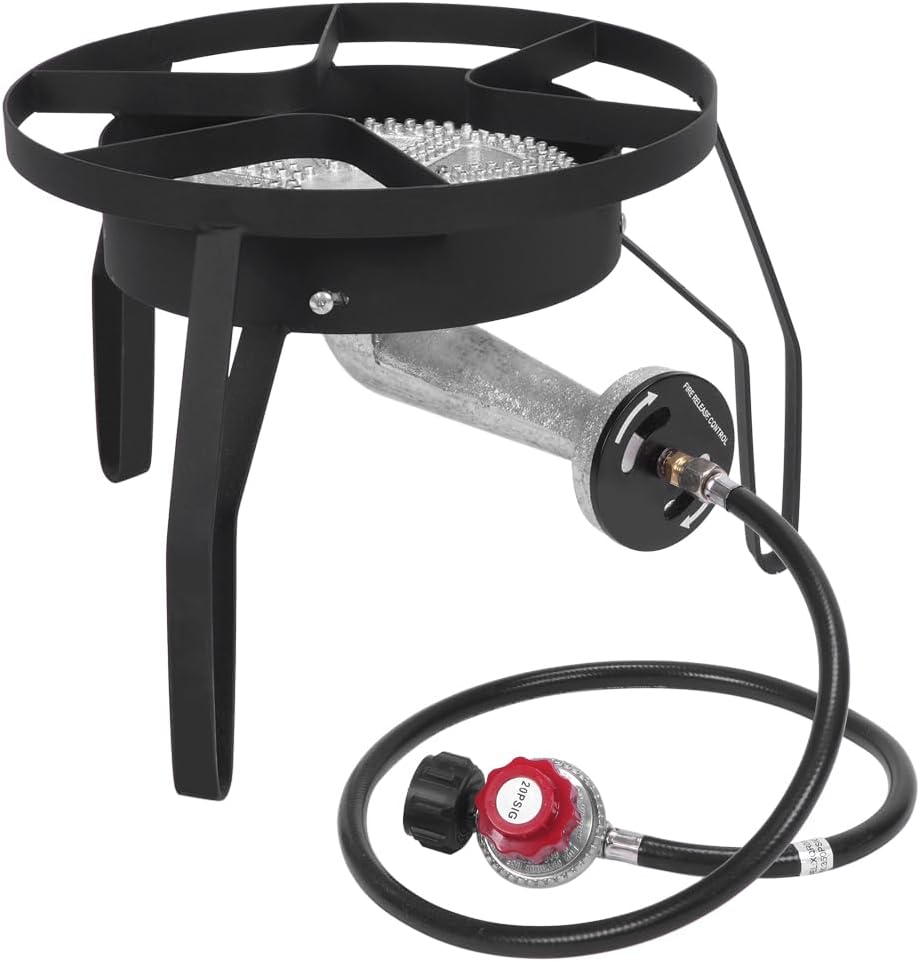 Propane Burners for Outdoor Cooking, 200,000 BTU/hr, Heavy Duty Single Burner Propane Stove with 0-20 PSI Adjustable Regulator and 4ft Hose, Turkey Fryer Burner for Home Brewing, Round