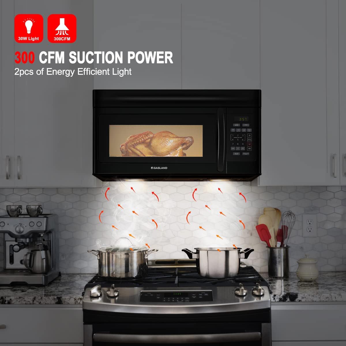 GASLAND 1.7 Cu.ft. Over the Stove Microwave, 30 Inch Over the Range Microwave with 10 Power Levels, One Touch Cooking, 300 CFM,1000W, LED, Turntable, Sensor Cook, Over The Stove Microwave Oven, Black