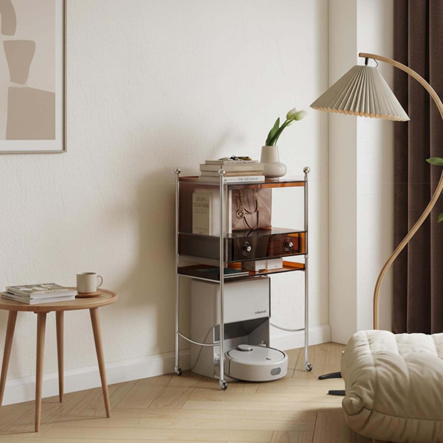 JSWHYBD Acrylic Robot Vacuum Cabinet with Wheels, Minimalist Storage Cabinet for Vacuum Cleaner, Multipurpose Side Table for Living Room, Dining Room & Kitchen, 20