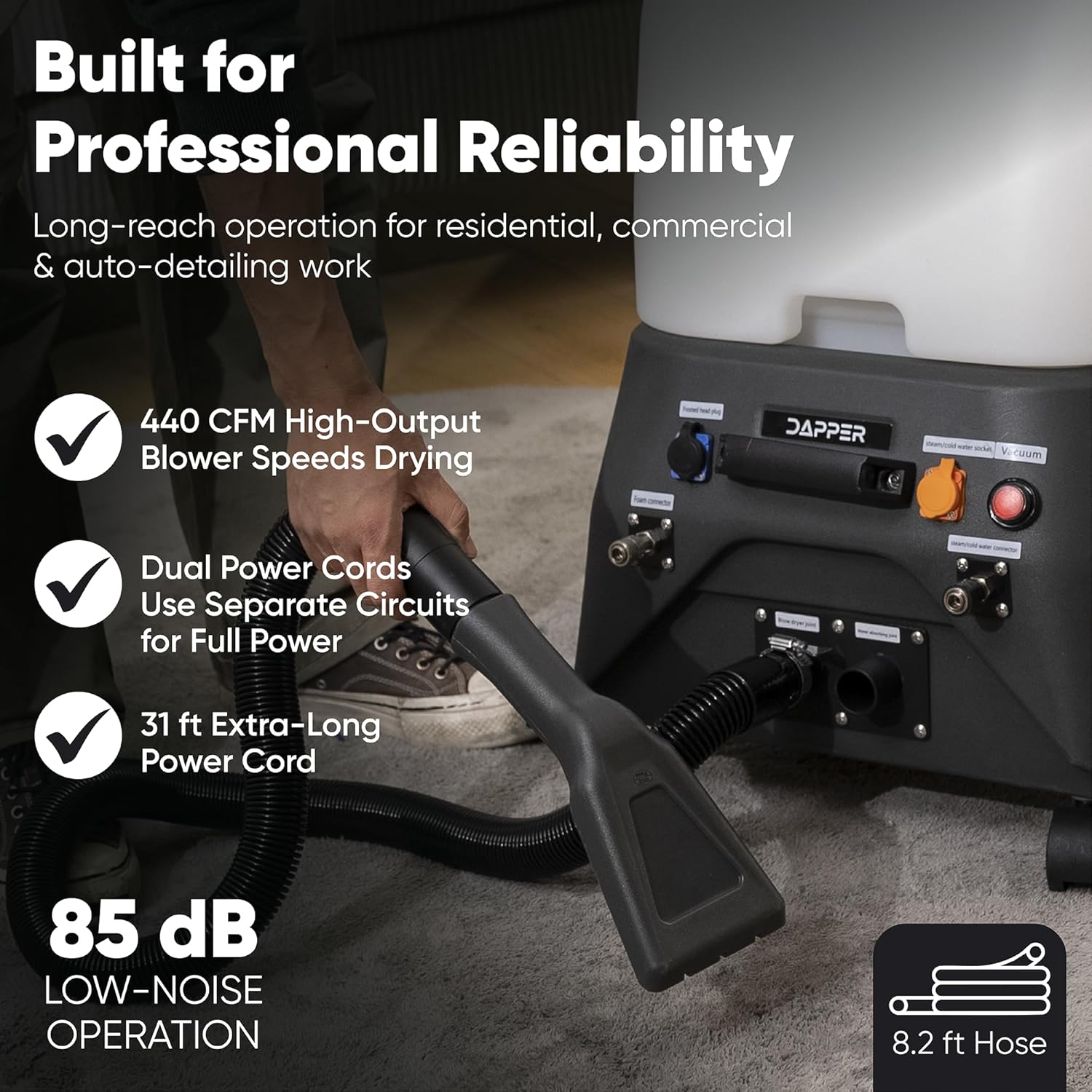 Dapper Commercial Carpet and Upholstery Extractor Cleaning Machine with Steam, Spray-Vacuum, Blower & Mite Remover. 3 Gal Tanks — Designed for Deep Cleaning. Dual Separate Circuit Power Cords