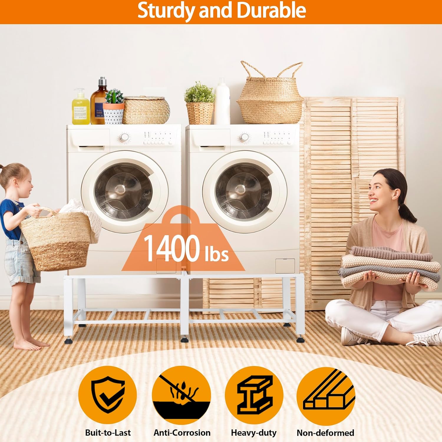 Heavy Duty Washer Dryer Pedestal Stand - 1400lb Capacity, Steel Frame Washing Machine Base, Universal Fit - 58x29x15 Inch (2 Pack)
