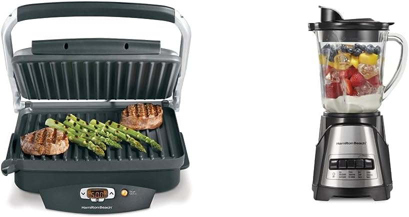 Hamilton Beach Steak Lover's Electric Indoor Searing Grill, Nonstick 100 Square, Stainless Steel (25331), Black & Power Elite Wave Action Blender-for Shakes and Smoothies, Puree