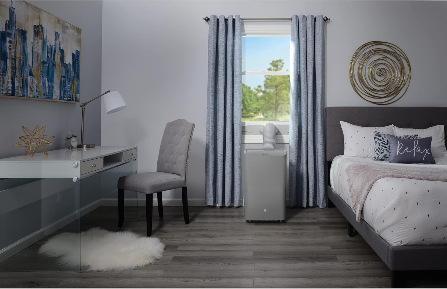 GE 7,500 BTU Smart Portable Air Conditioner for Medium Rooms up to 300 sq ft.,3-in-1 with Dehumidify,Fan and Auto Evaporation,Dual Hose Compatible,Included Window Installation Kit, Built-in WiFi,Grey