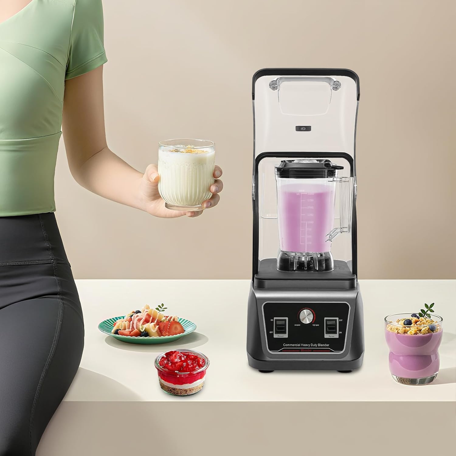 2200W Commercial Blender with Soundproof Cover, 2L (67.6oz) High-Speed Blender, 23,000 RPM, 6 Stainless Steel Blades, Stepless Speed Control – Ideal for Smoothies, Juices, Nut Butter