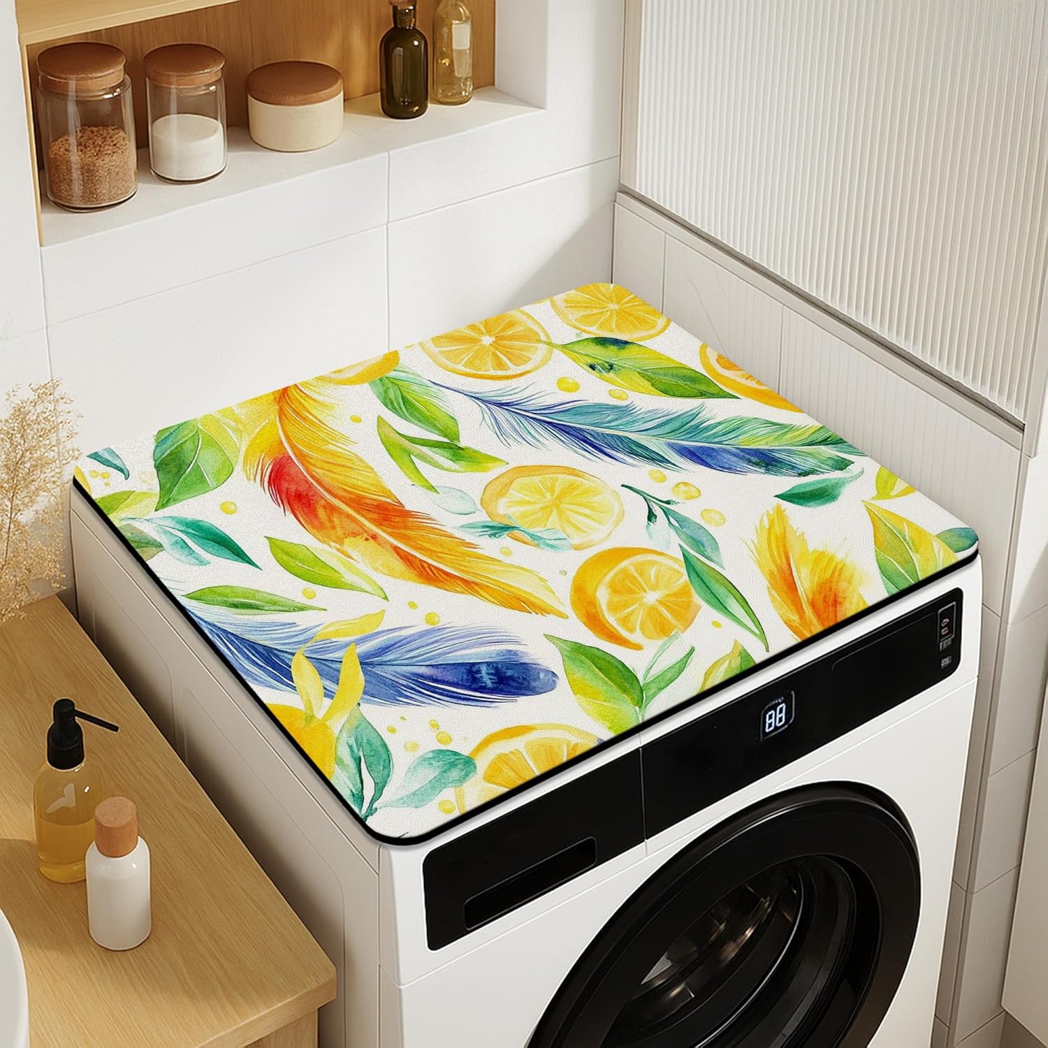 Lemon Feather Washer Dryer Top Protector Mat, Vibrant Tropical Watercolor Laundry Machine Covers, Summer Floral Rubber Anti-slip Waterproof Mats for Laundry Room 20x24 Inch