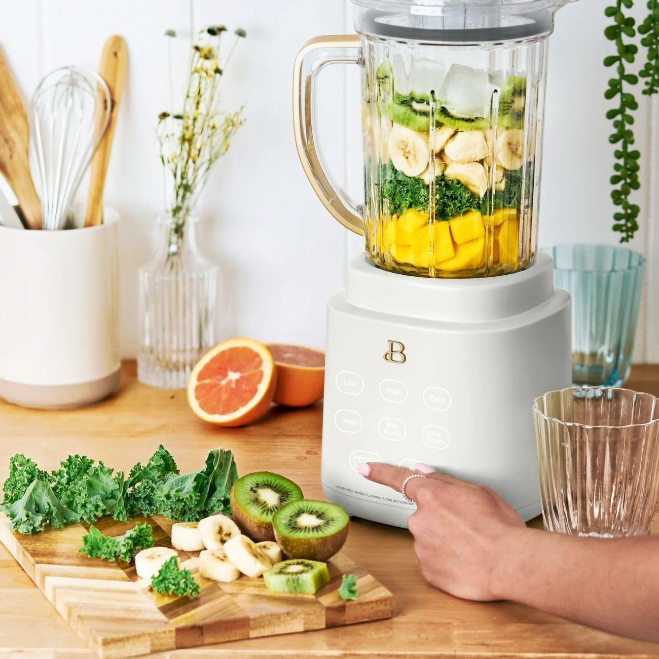 Beautiful PowerExact Blender, PrecisionSense™ Tech, 3 Speeds, 4 Presets, 50oz BPA-Free Jar, 20oz To-Go Cup, No Drippy Sippy™ Lid, Auto-Clean, Dishwasher Safe, Ice Crush & Smoothies (White Icing)