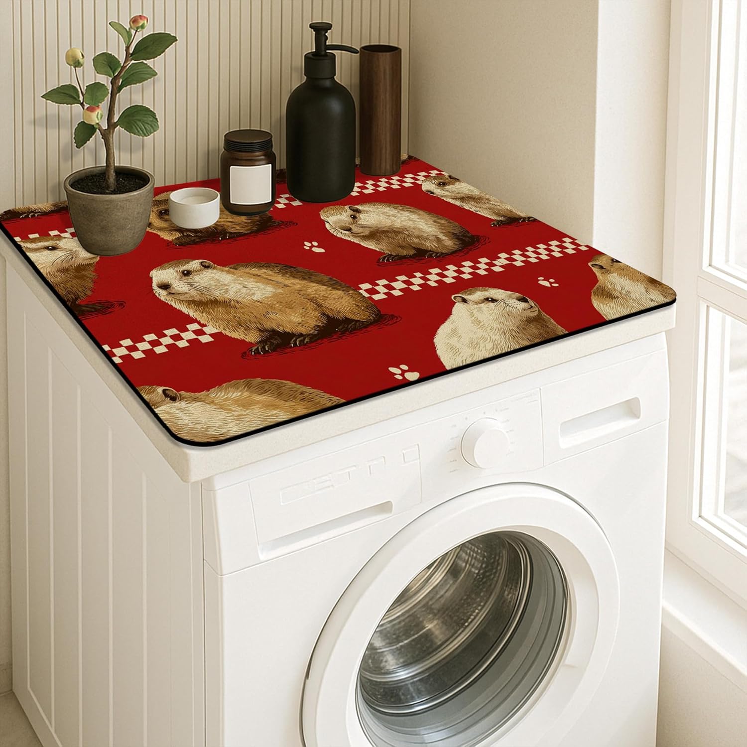 Guinea Pig Washer Dryer Top Protector Mat, Vintage Animal Pattern Laundry Machine Dust Covers, Rustic Rubber Anti-slip Waterproof Washer And Dryer Mats for Home 24x24 Inch