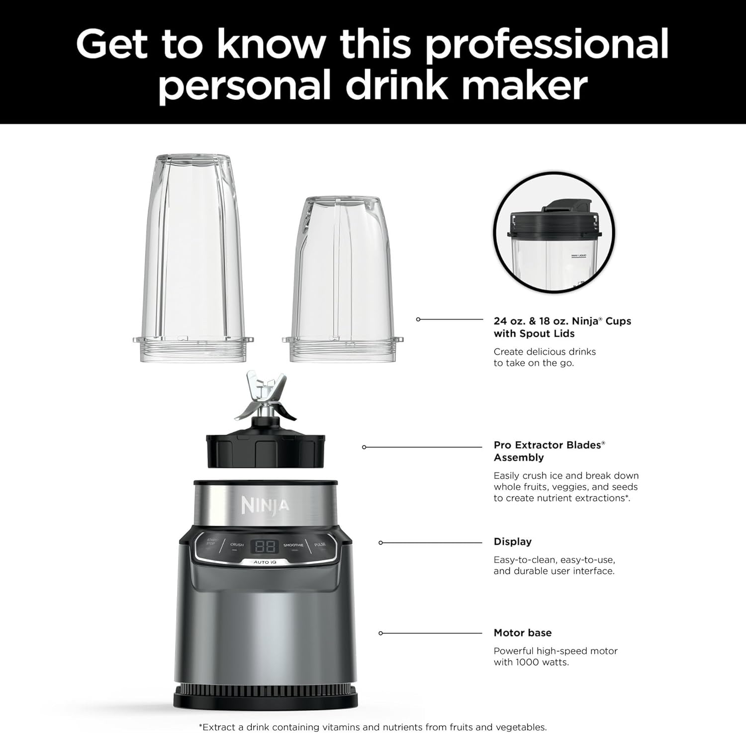 Ninja Nutri Pro Compact Personal Blender, Auto-iQ Technology, 1000 W, Smoothies, Crush, with 18 oz and 24 oz To-Go Cups & Spout Lids, Stone Silver, BN400