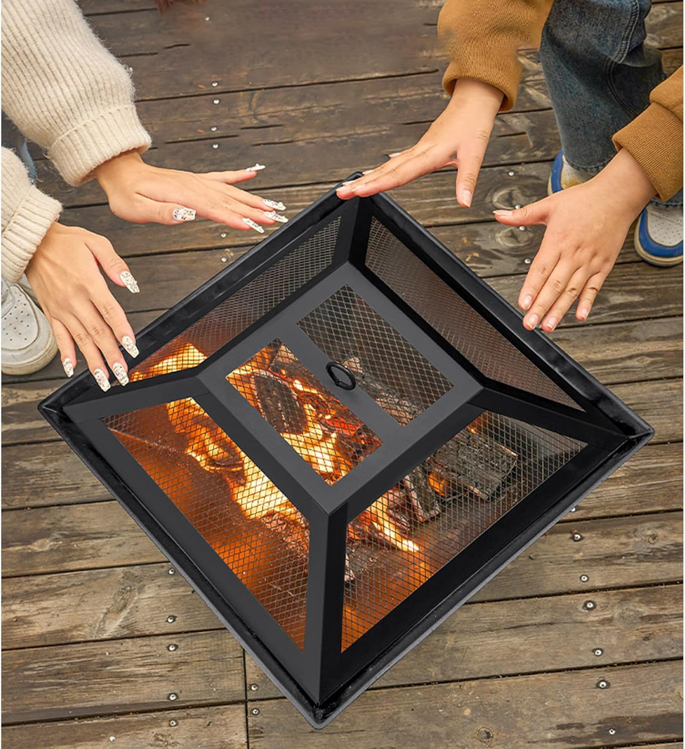 Cast Iron Outdoor Fire Pit with Burning Grid/Ash Catchers/Flower Grid Lid/Fire Hook/Grid Starter for Warmth,Barbecues,Parties,Patio,46.5 x 37cm (B)