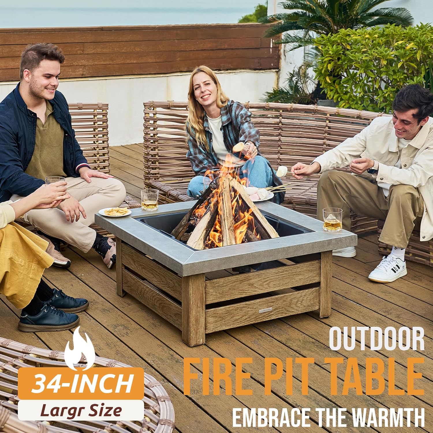 Firepits for Outside，Wood Burning Fire Pit with Wood-Grain Side Panels,Firepit for Outside with Mesh Cover & Fire Poker,Square Modern Outdoor Fireplace Fire Table. (Countryside)