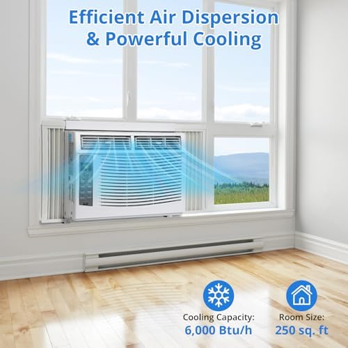 Window Air Conditioner 6000 BTU, Window AC Unit Cools Up to 250 Square Feet, Window AC Unit with Remote Control, 3 Cooling Speeds, Quiet Operation, White