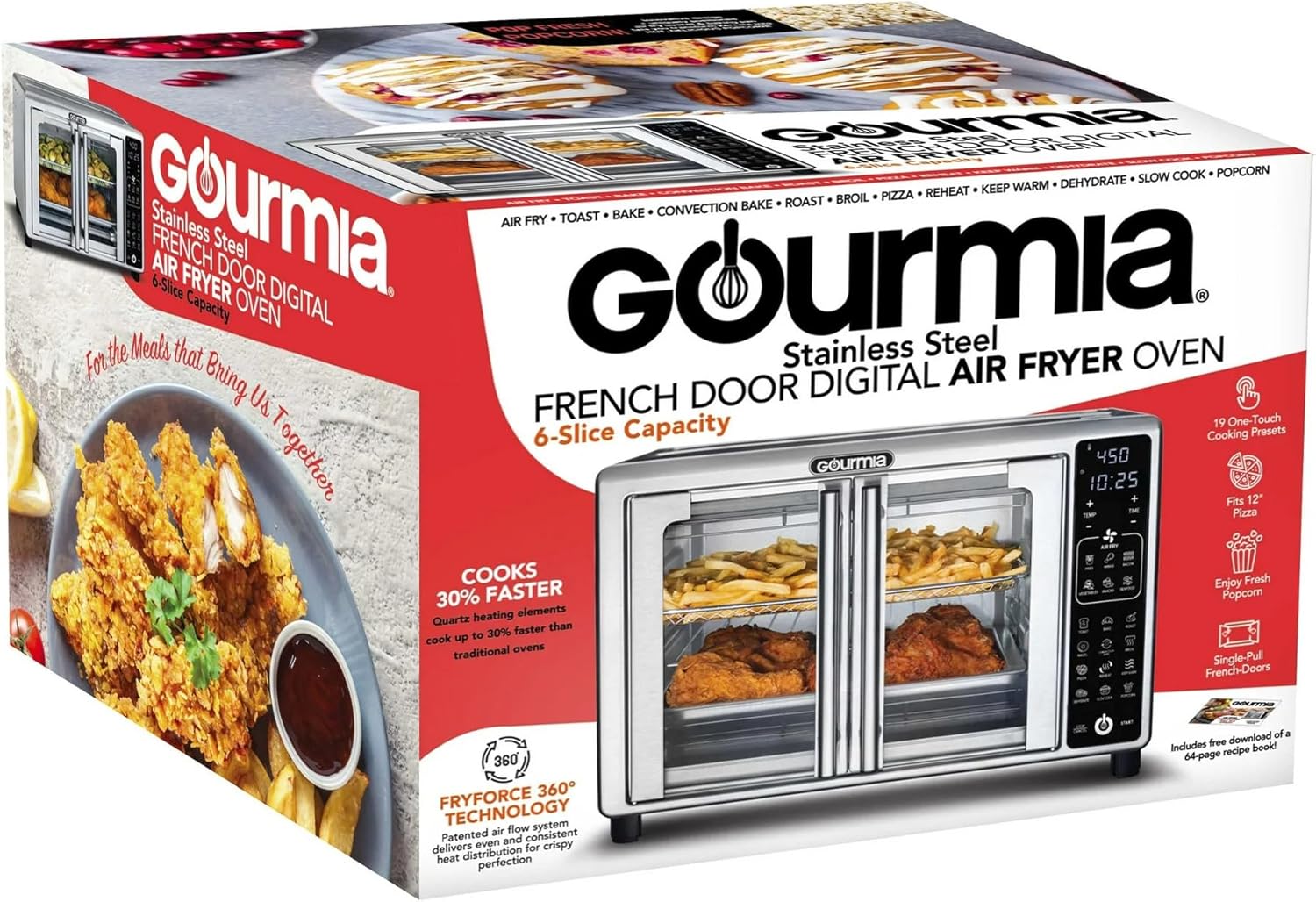 Gourmias GTF2440 Digital Toaster Oven Air Fryer 1700W – 19 Presets, FryForce 360 Tech, French Doors, 6-Slice Capacity, 12