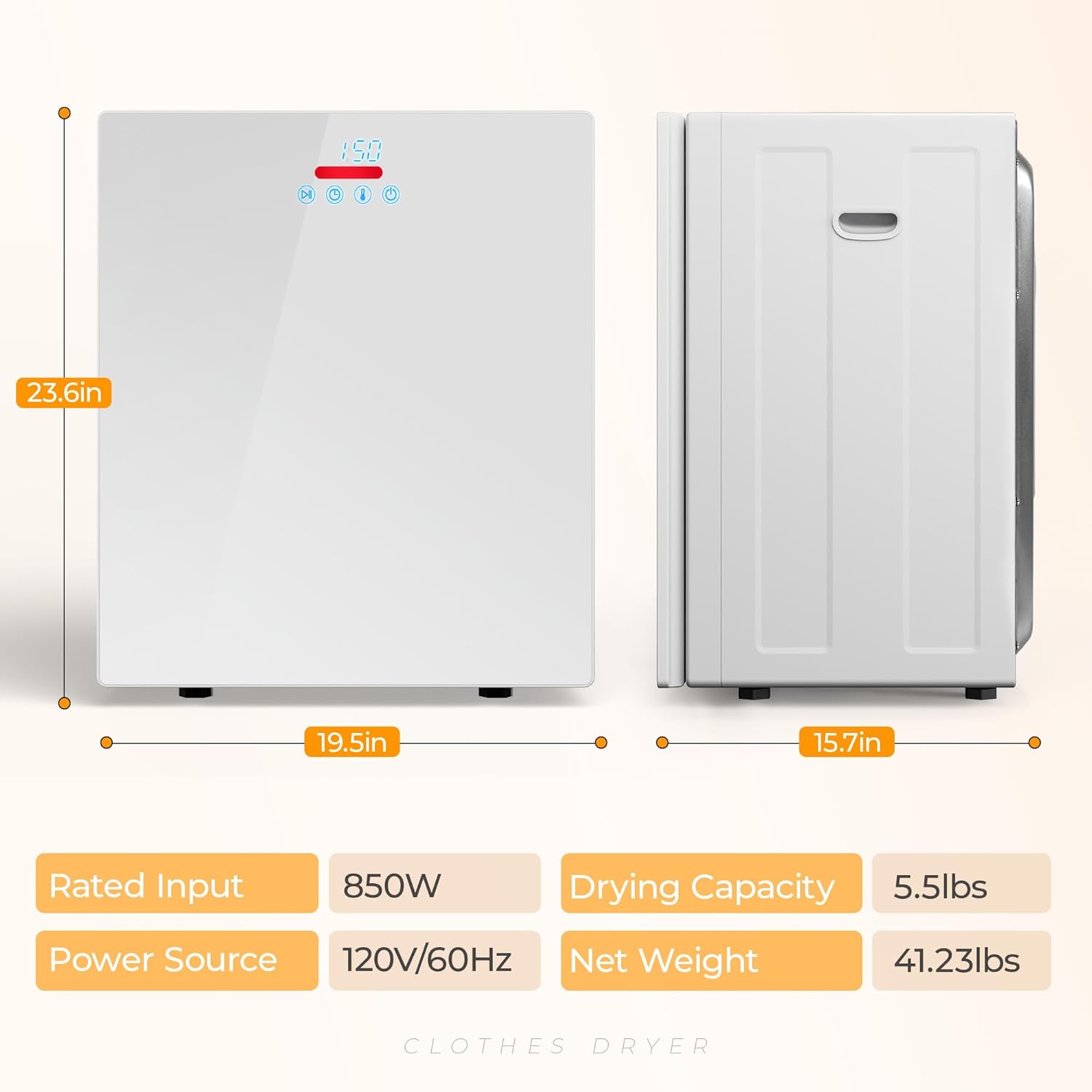 EUHOMY 1.5 Cu.ft. Portable Clothes Dryer, 850W Compact Dryer with Exhaust Hose, Mirror Finish, LCD Touch Panel, 4 Drying Modes, 5.5lbs Capacity, Portable Dryer for Apartments, Dorms, Rvs, White