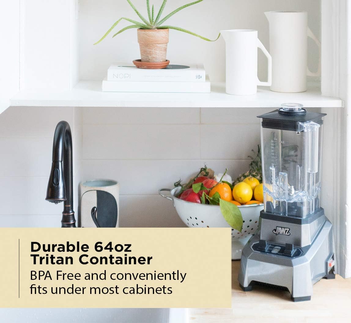 JAWZ High Performance Blender, 64 Oz Professional Grade Countertop Blender, Food Processor, Juicer, Smoothie or Nut Butter Maker, Simple 2 Speed Toggle Switch w Pulse, Stainless Steel Blades, Silver