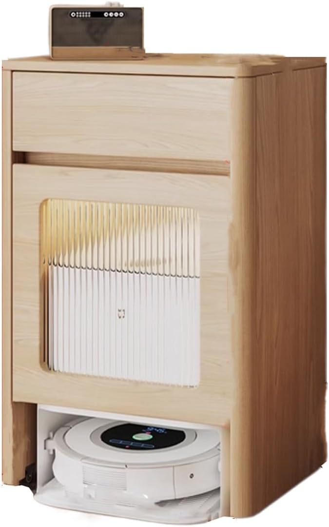 Wood Side Table with Drawer for Self Emptying Robot Vacuum Cleaner, Small Storage Cabinet with Wheels, Home Organizer 2-Door Freestanding Rack Space Saver(Natural)