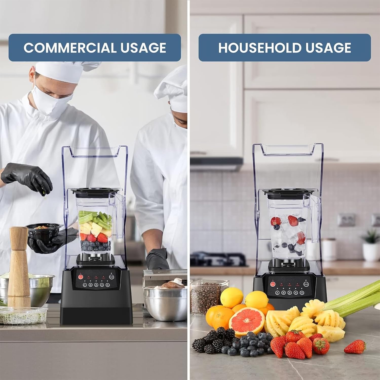 Commercial Quiet Blender, Professional High Speed Countertop Blender with Durable Stainless Steel Blades and Soundproof Cover, 5 Speeds Adjustable for Ice Crushing,