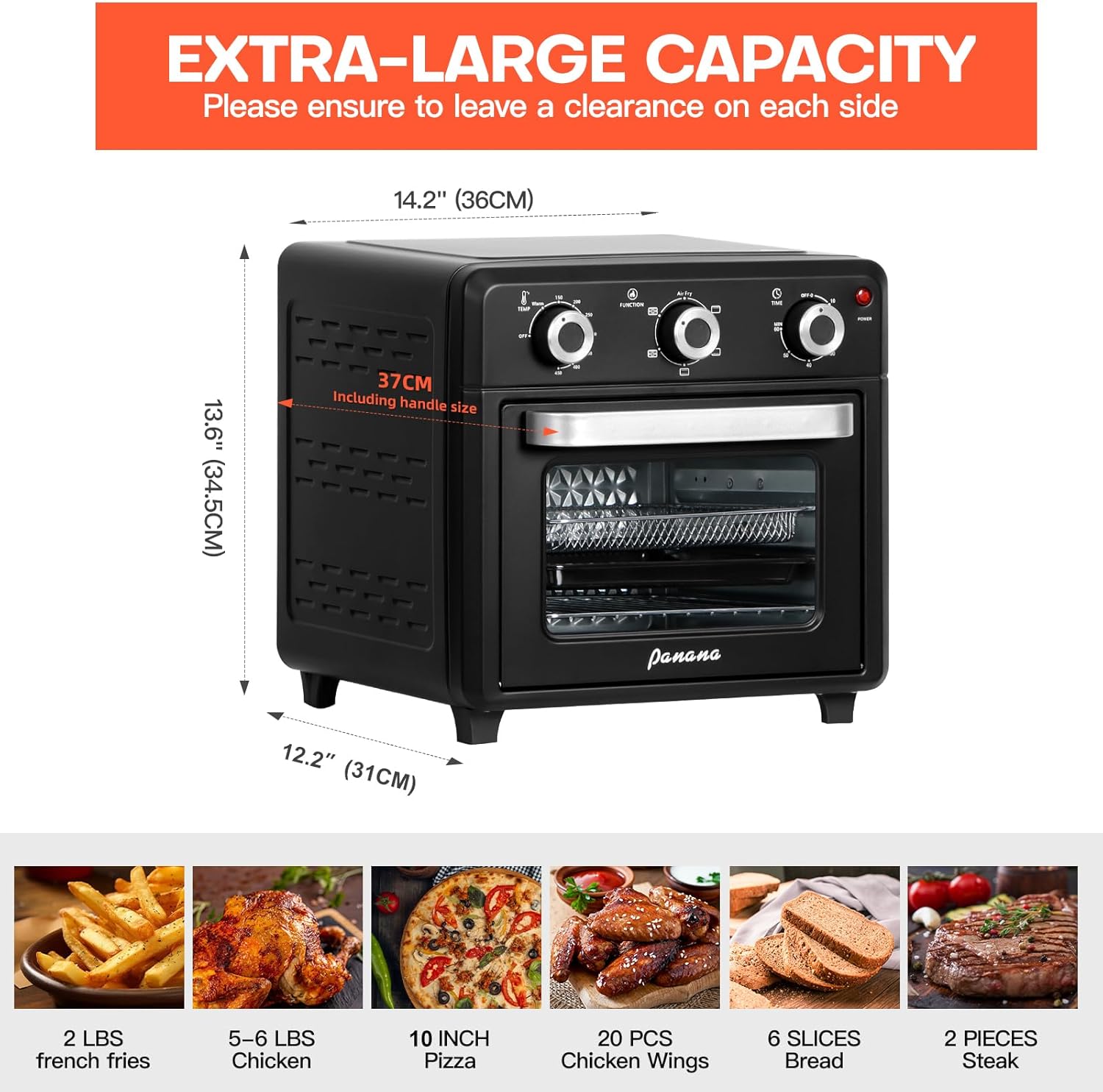 Panana Compact Airfryer Toaster Oven, 1400W 21QT with 6-in-1 Multifunctions and Wide Temperature Range, Air Fryer Oven with 60-Minute Timer/Auto-Off, Stainless Steel Countertop Oven (Black)