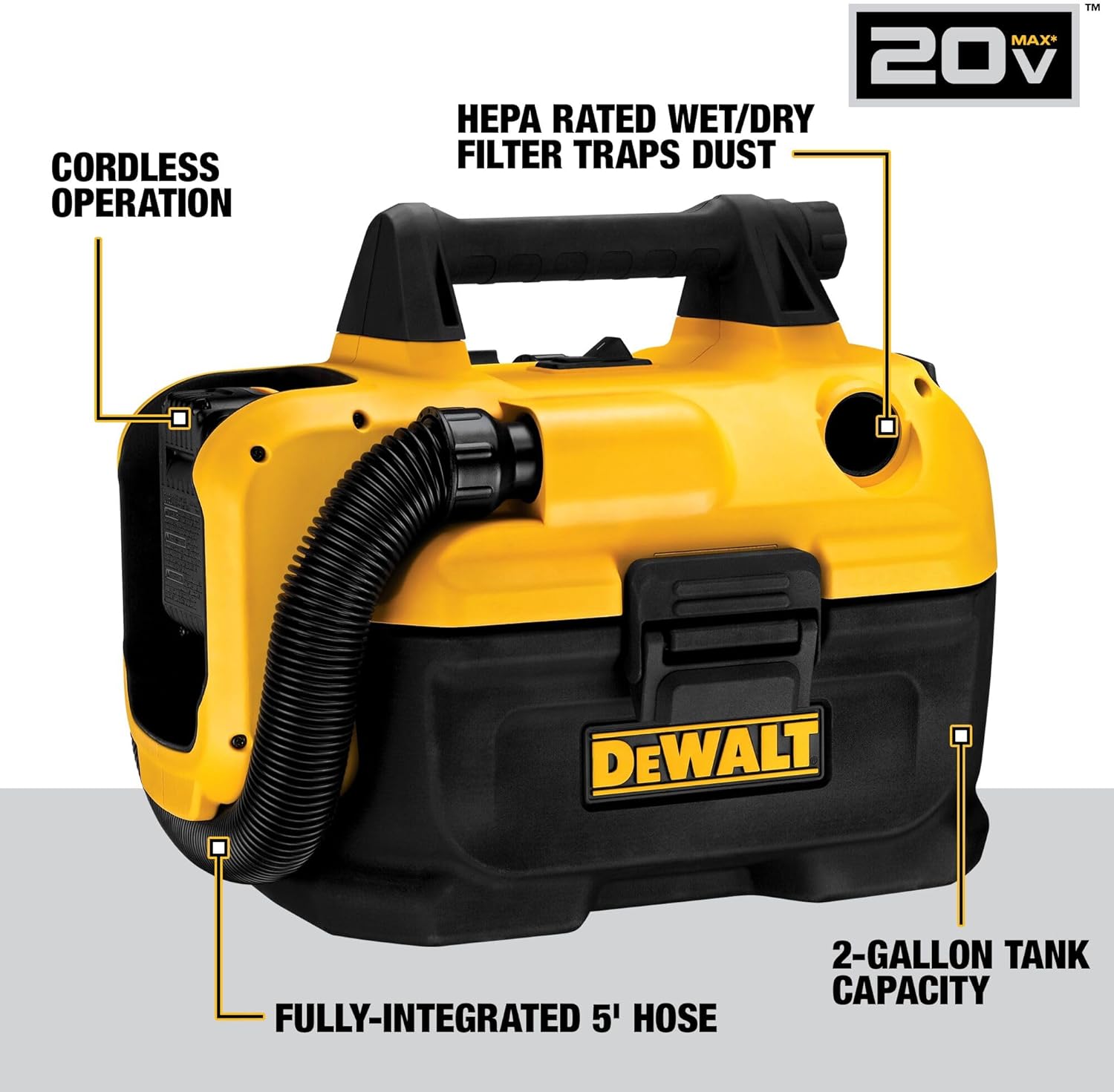 DEWALT 20V MAX Cordless Shop Vac, Wet Dry Vacuum Cleaner, Portable 2 Gallon Wet Dry Vac, Strong Suction Shop Vacuum with Hepa Filter, Tool Only (DCV580H)