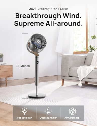 Dreo Fan for Bedroom, 120°+120°Omni-directional Oscillating Fan, DC Motor, 20 dB Quiet Standing Pedestal Fans, 90ft, 8 Speeds, 3 Modes Circulator with Remote, 35-40