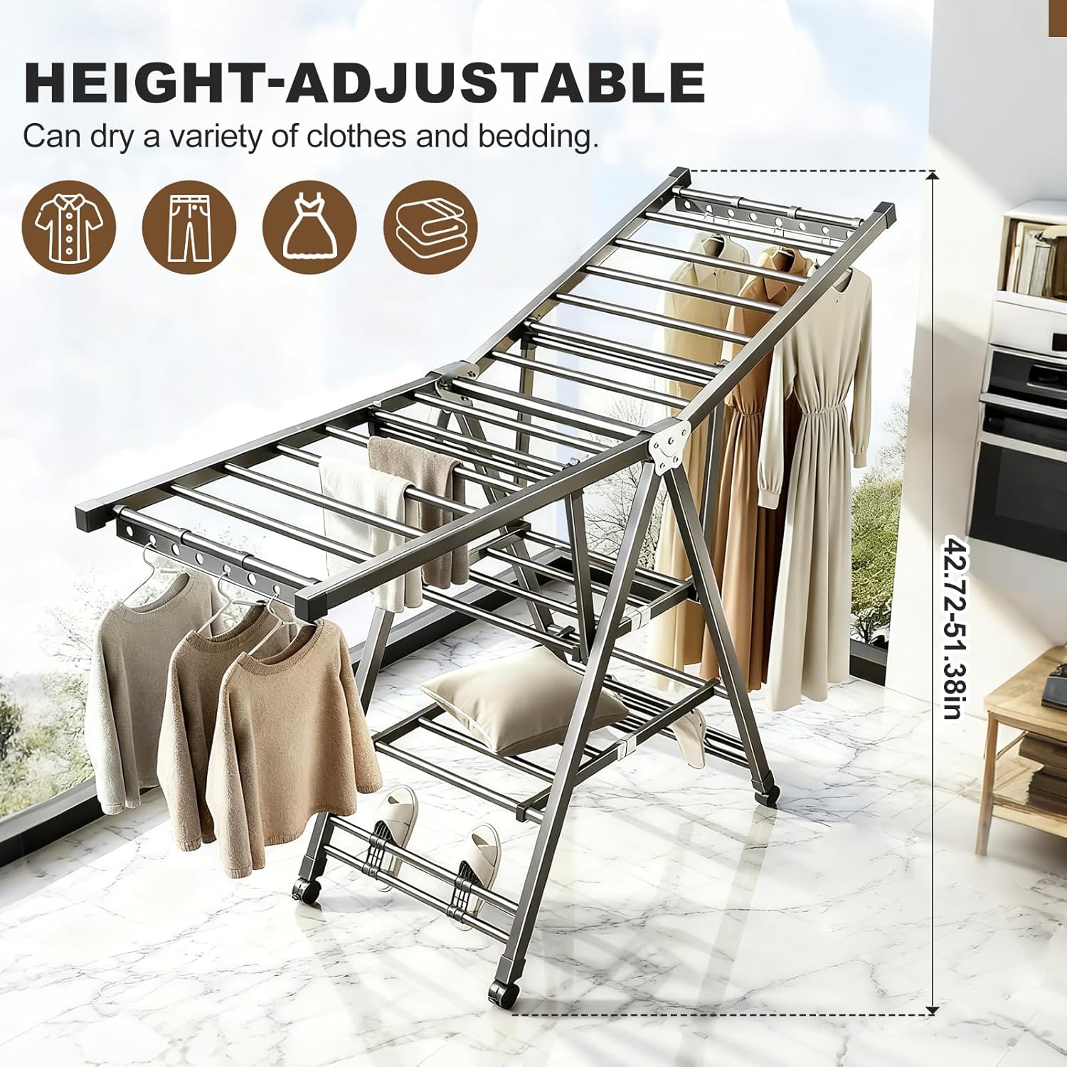 Heavy Duty 3-Tier Clothes Drying Rack with Wheels & Shoe Rack - Large 5.9ft Foldable Metal Laundry Stand, Portable Collapsible Clothing Hanger for Indoor Outdoor Use in Laundry Room