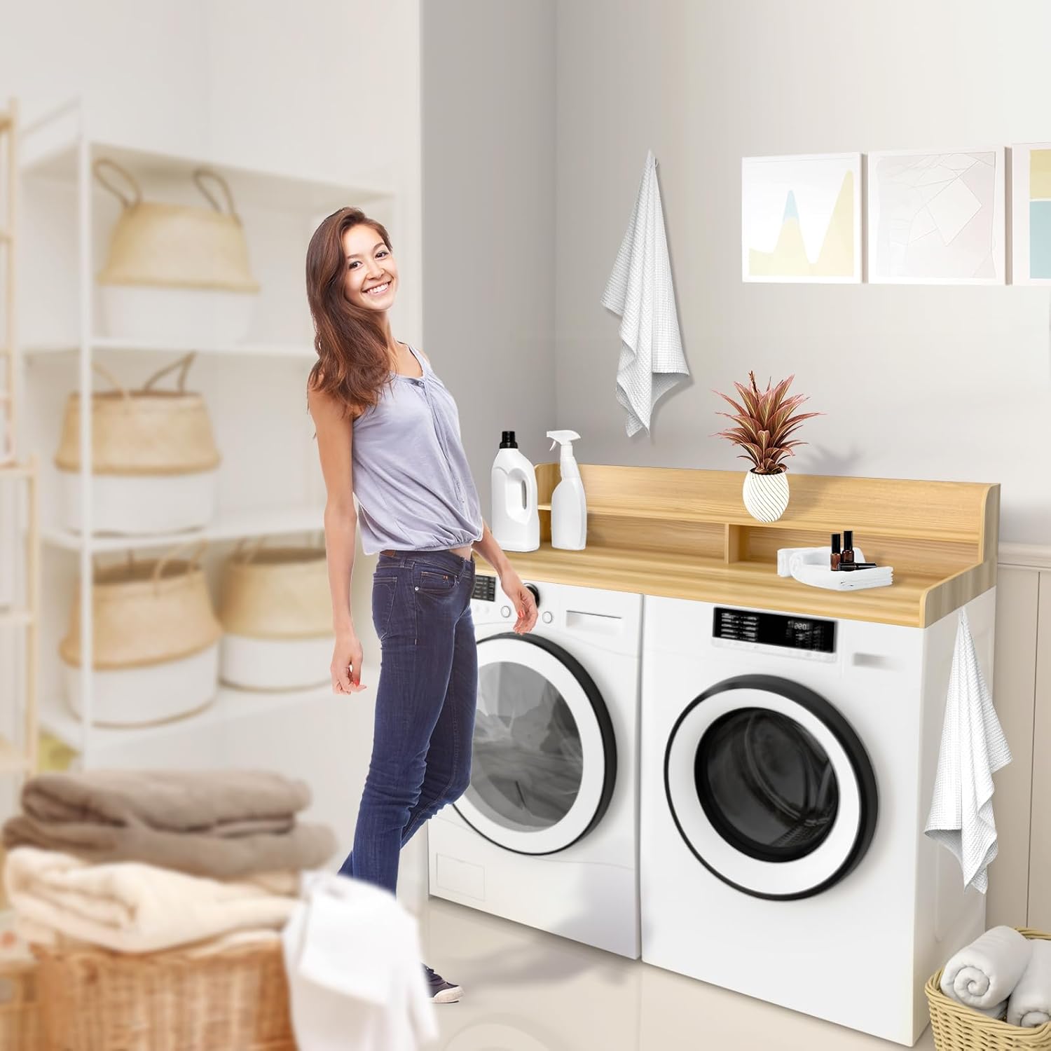 2-Tier Washer and Dryer Countertop Shelf, White Laundry Topper with Non-Slip Pads, Laundry Room Storage & Organization for Small Apartment Kitchen