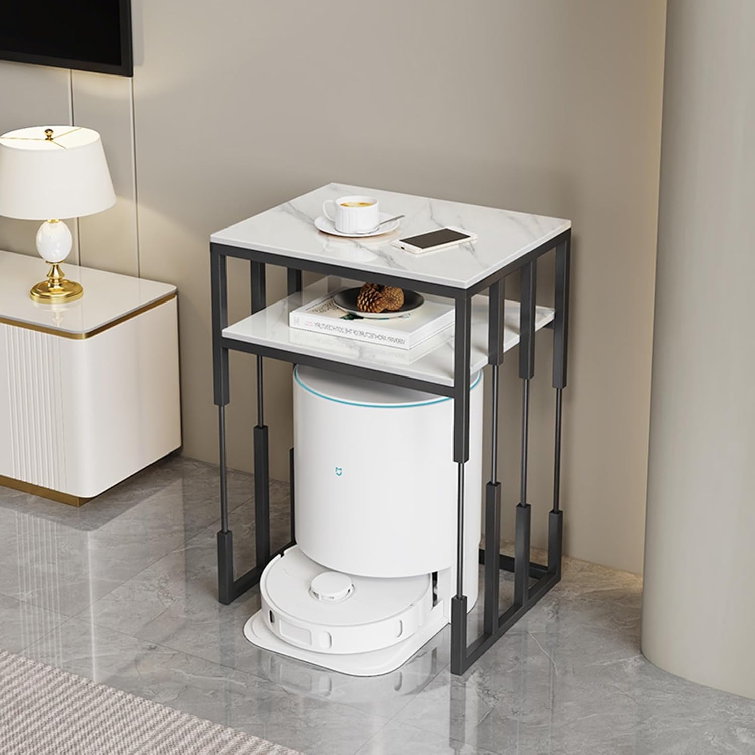 HARELA Metal Modern Robot Vacuum Storage Rack, Smart Floor Sweeper Hidden Storage Rack, for Bedroom, Living Room, Dorm Room, Hallway, Entryway, Easy to Change Water(Black 1,40 * 60cm/15.7 * 21.6in)